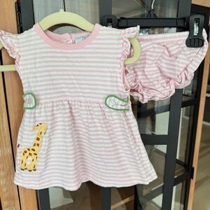 Little English applique giraffe set embroidered striped bloomers dress baby girl